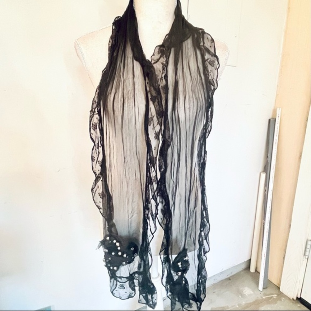 Black Ruffle Sheer Scarf with Embellishments at Each End
